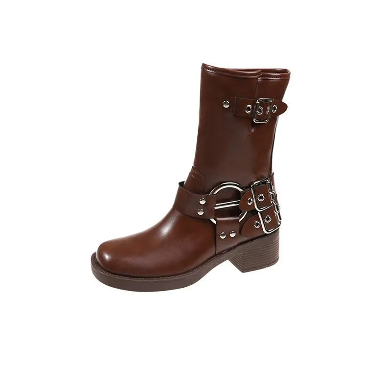 British platform women's boots with belt buckle in black or brown colours, middle calf length