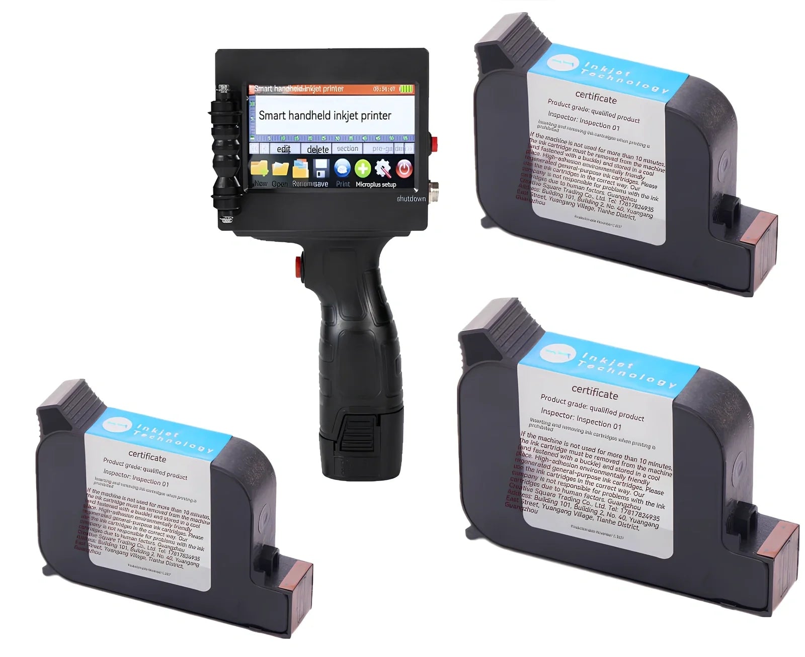 Black handheld code-spraying machine with 4.3-inch touch screen displaying marking interface