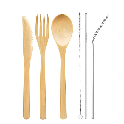 Bamboo cutlery set with 20cm utensils, stainless steel straw and cleaning brush in natural colour