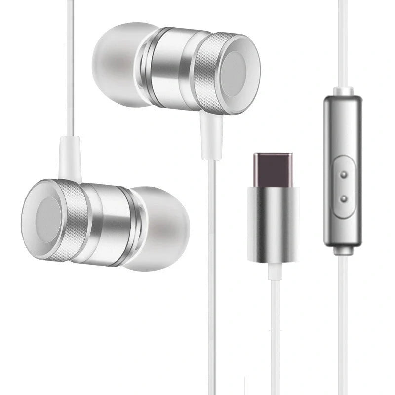 In-ear music video headphones with environmental TPE material in black, silver, pink, and gold