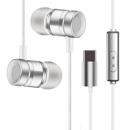 In-ear music video headphones with environmental TPE material in black, silver, pink, and gold