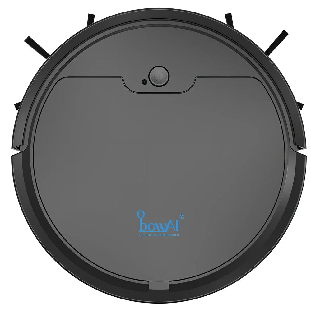 Black robot vacuum cleaner with compact 27.8cm square design and 6.8cm height for under-furniture cleaning