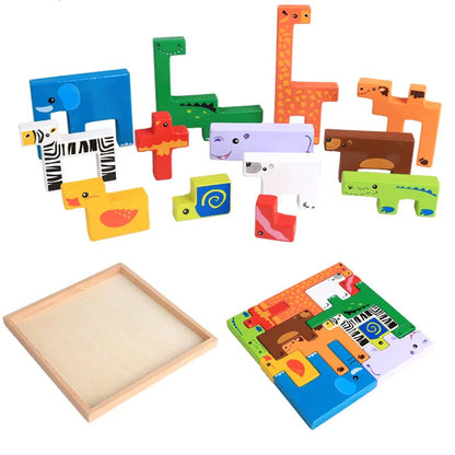 Beech wood animal stacking blocks for children aged 3+, showing interlocking animal shapes in natural wood finish