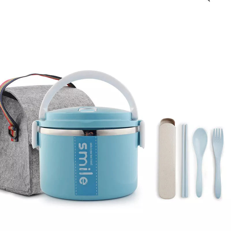 Stainless steel lunch box with built-in spoon, leak-proof design, available in green, pink, and blue