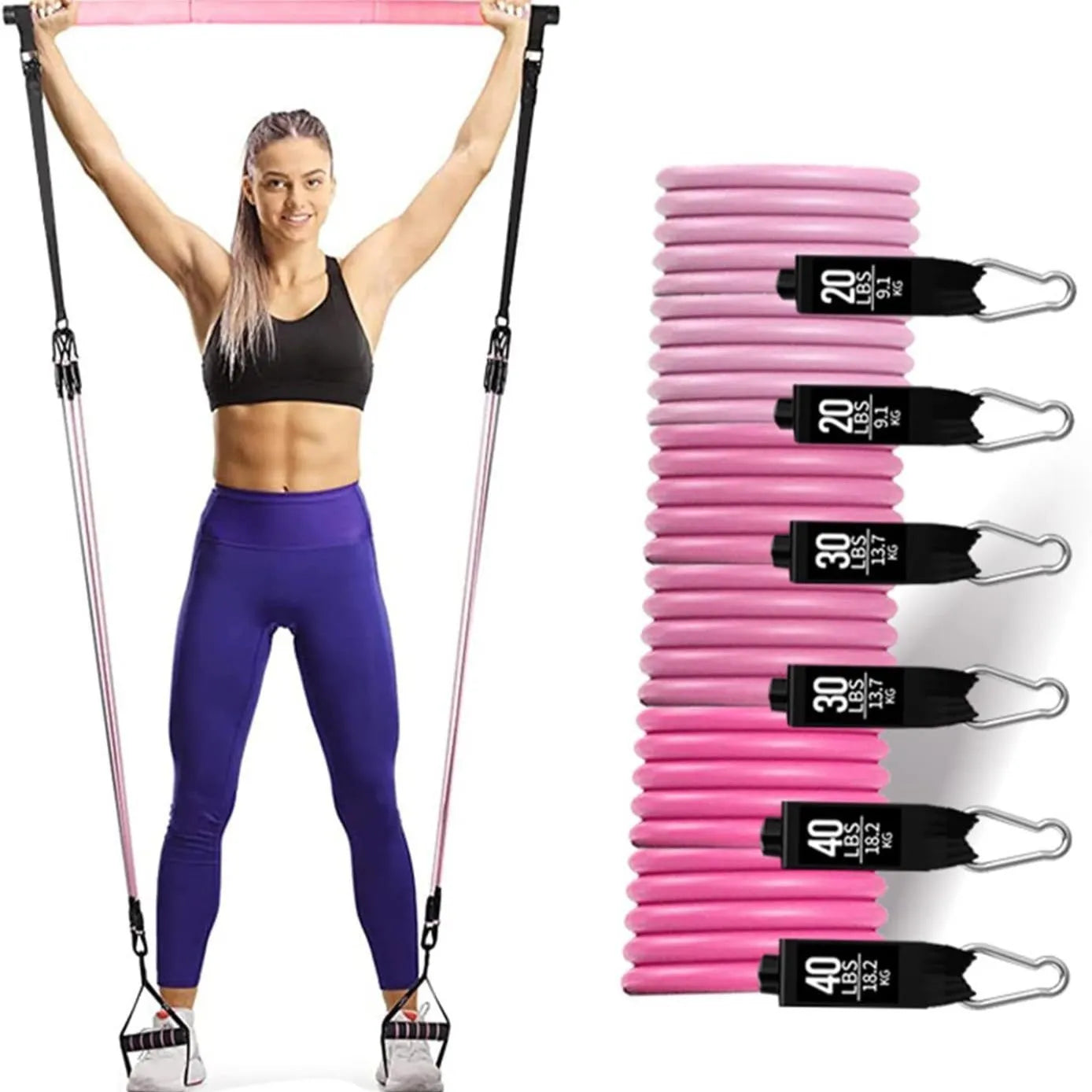 Yoga gymnastic bar set with 180 pounds pink and black TPE resistance bands for pull rope exercises