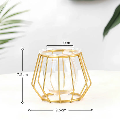 Geometric glass desktop decoration with iron frame in black and gold colours