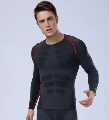 Men's compression training suit in black with red, green, or gray lines for fitness enthusiasts