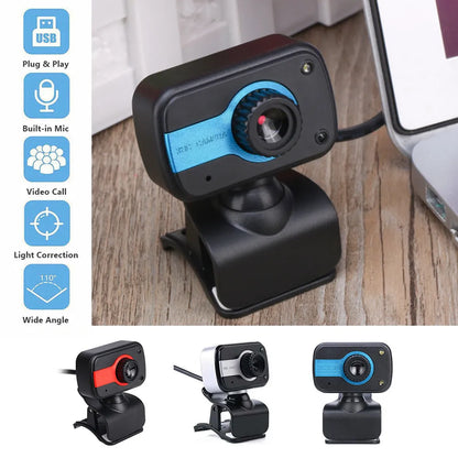Blue, red, or white mini USB webcam on a stand with a 360-degree rotating head and manual focus adjustment.