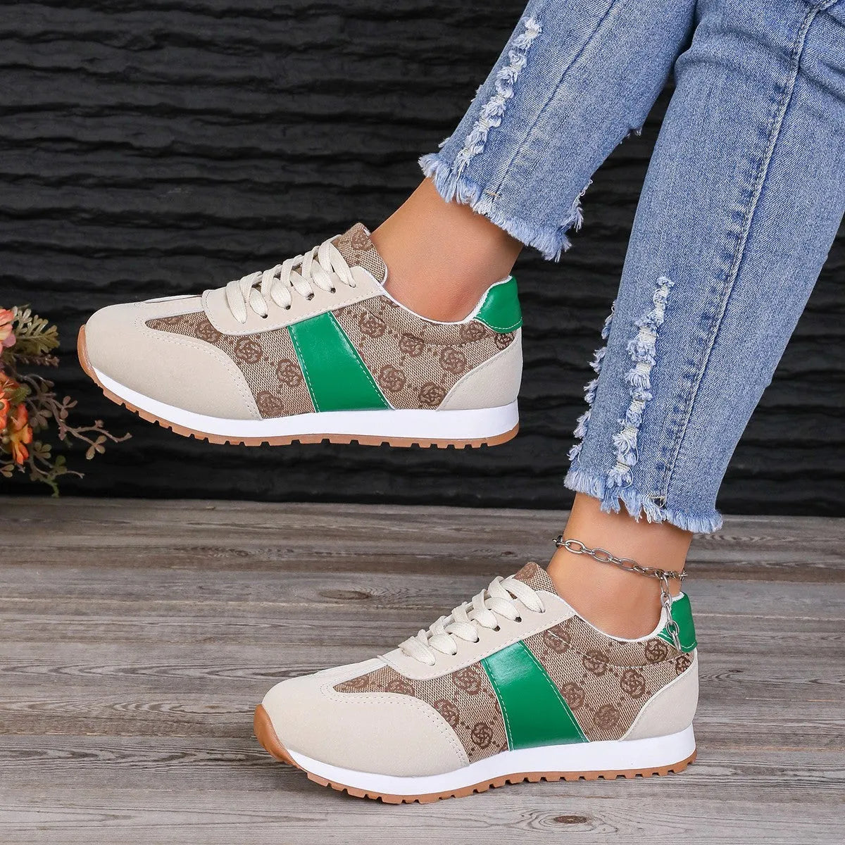 Women's khaki lace-up casual shoes with floral cross-strap design and shallow mouth