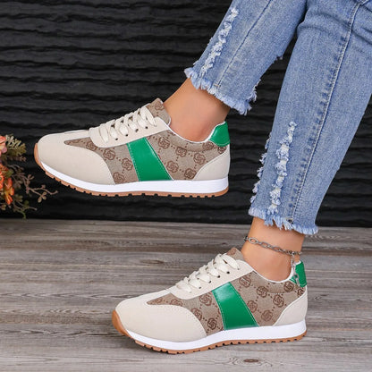 Women's khaki lace-up casual shoes with floral cross-strap design and shallow mouth