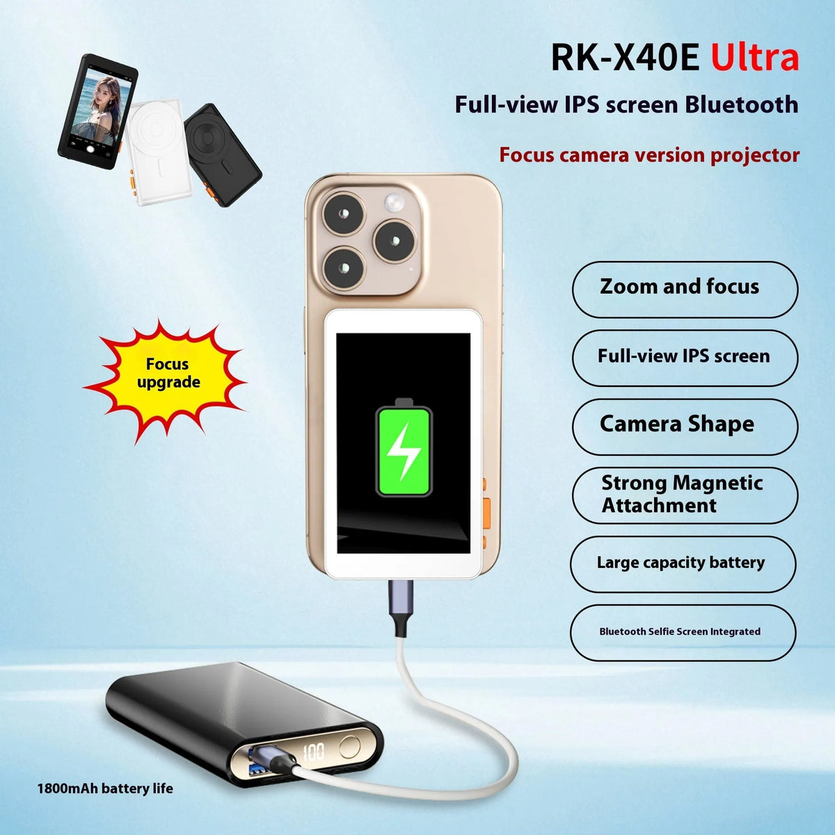 4-inch wireless selfie multi-monitoring device with magnetic mount, plastic body, black and white options.