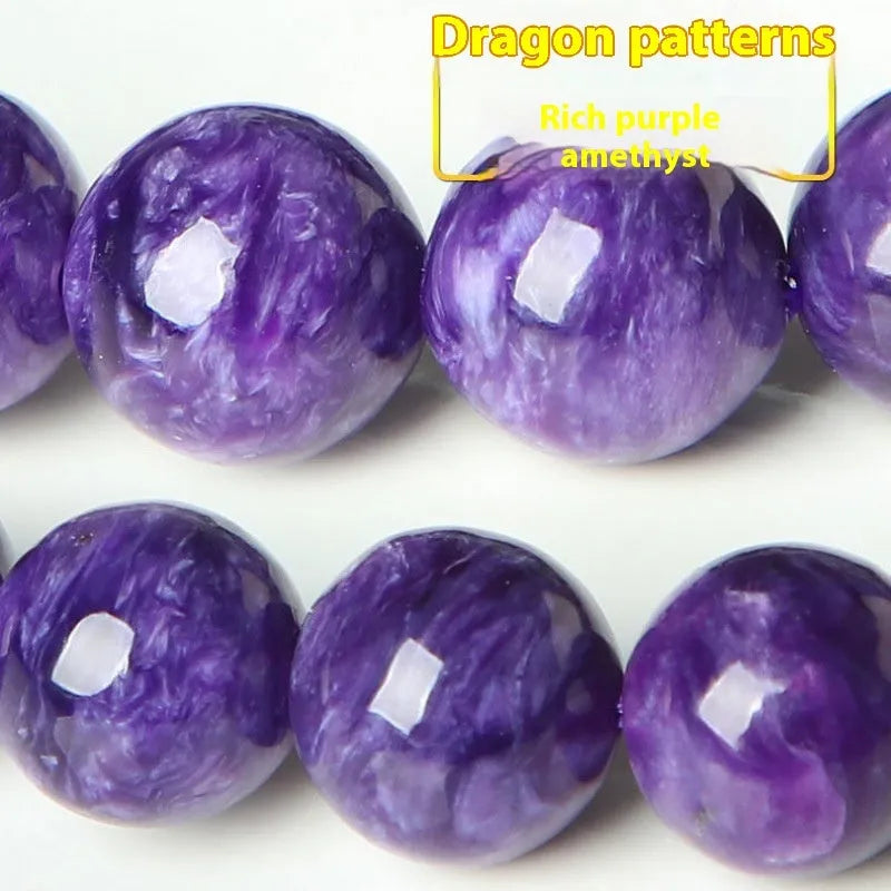 Natural transparent charoite crystal bracelet with platinum setting, available in 6mm, 8mm, 10mm, and 12mm bead sizes