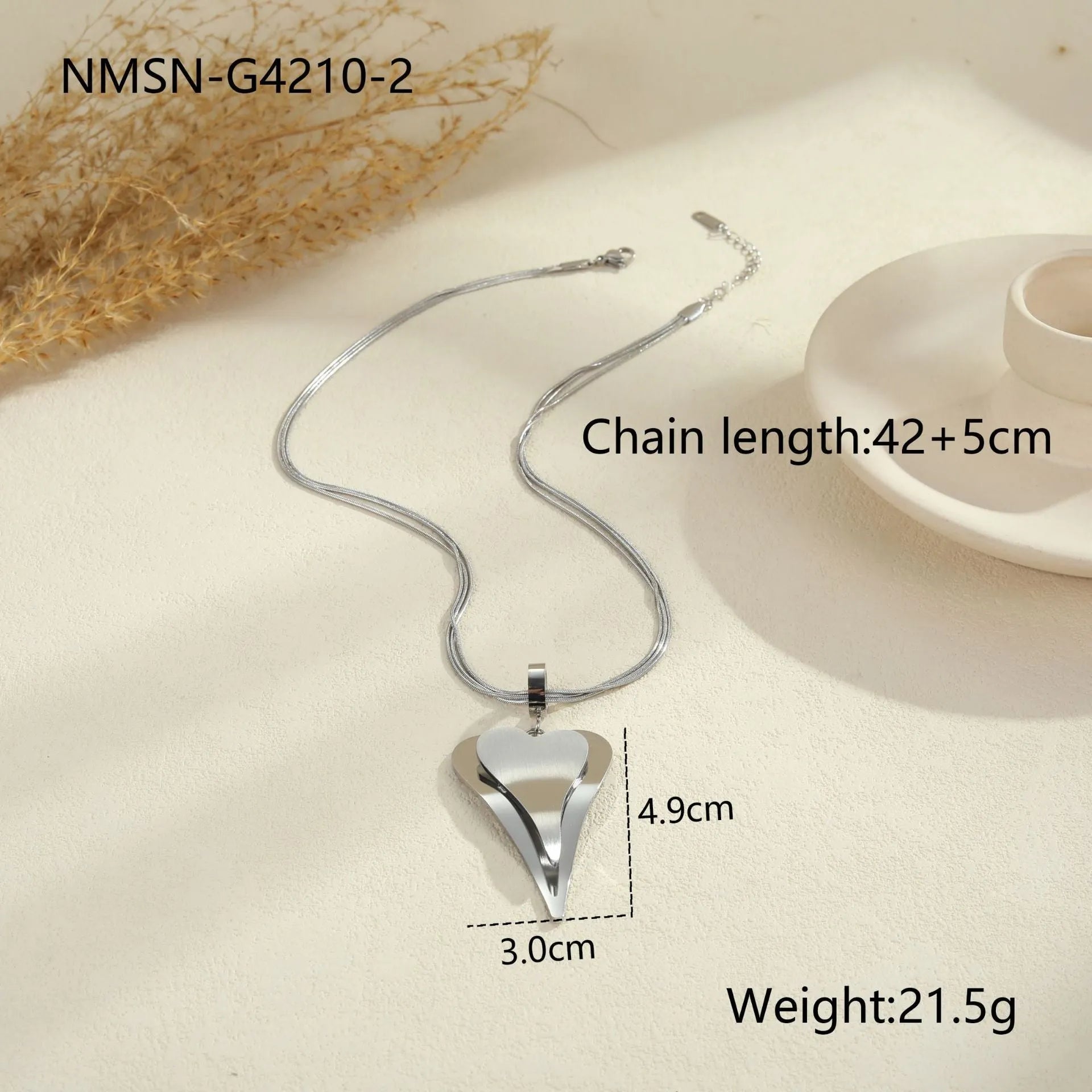 Women's stainless steel double heart necklace with snake bones chain, 18K electroplated in gold or steel finish