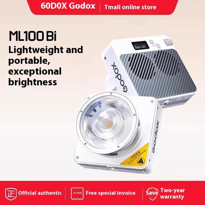 Shenniu ML100Bi 200W LED photography fill light with lenses, battery handle, and accessories on a studio table.