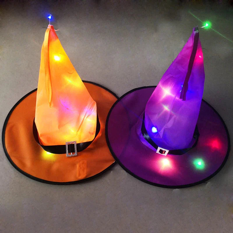 A colorful LED-illuminated witch hat with elf ears, perfect for Halloween home decor and parties.