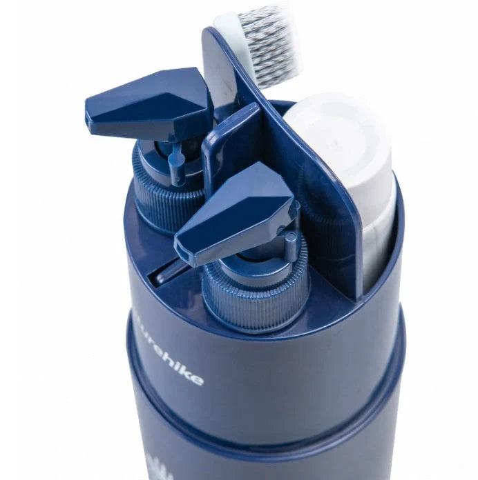 Multifunctional wash cup set includes two bottles, one cup, mirror, and comb for organized grooming