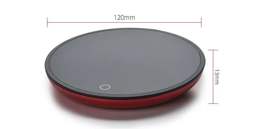 Black coffee mug warmer pad with temperature switch on desk