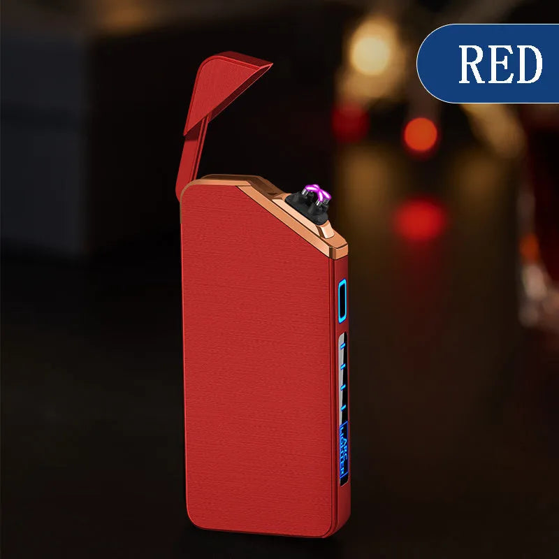 USB rechargeable double arc lighter in zinc alloy with ice noodle finish, 73x35x11mm, available in six colours