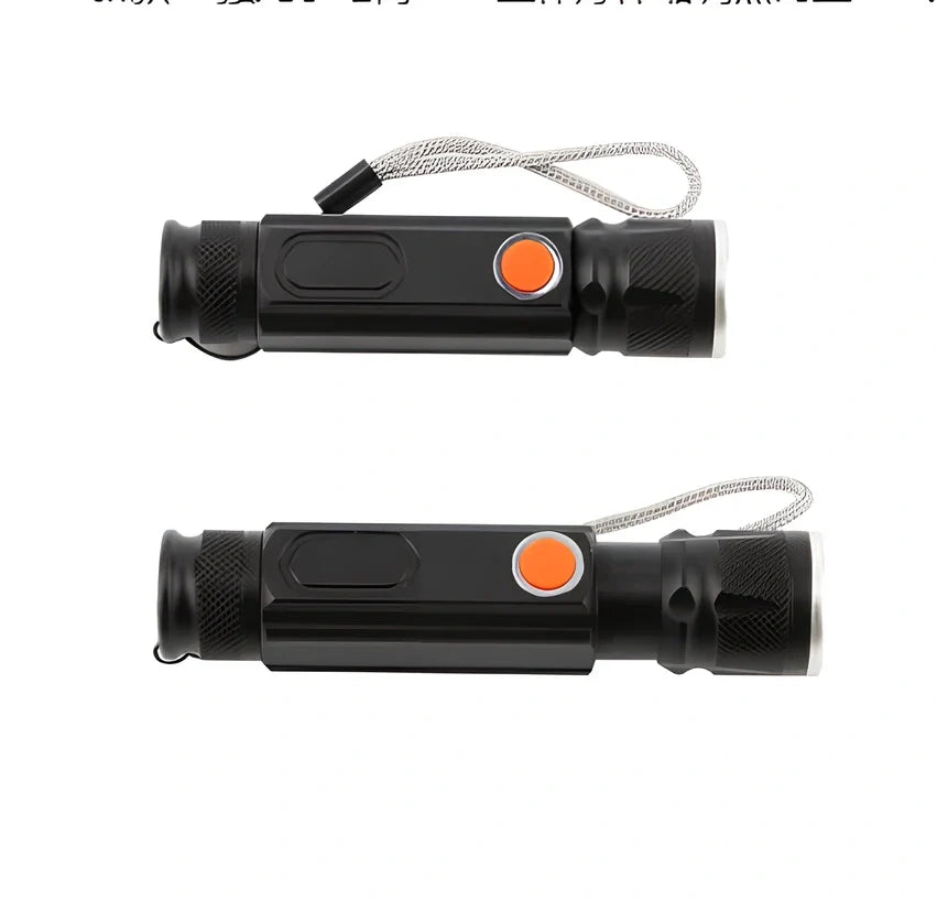 Black Soringrad rechargeable flashlight with magnet base, T6+COB lights, 18650 battery, 200m range for hiking and camping