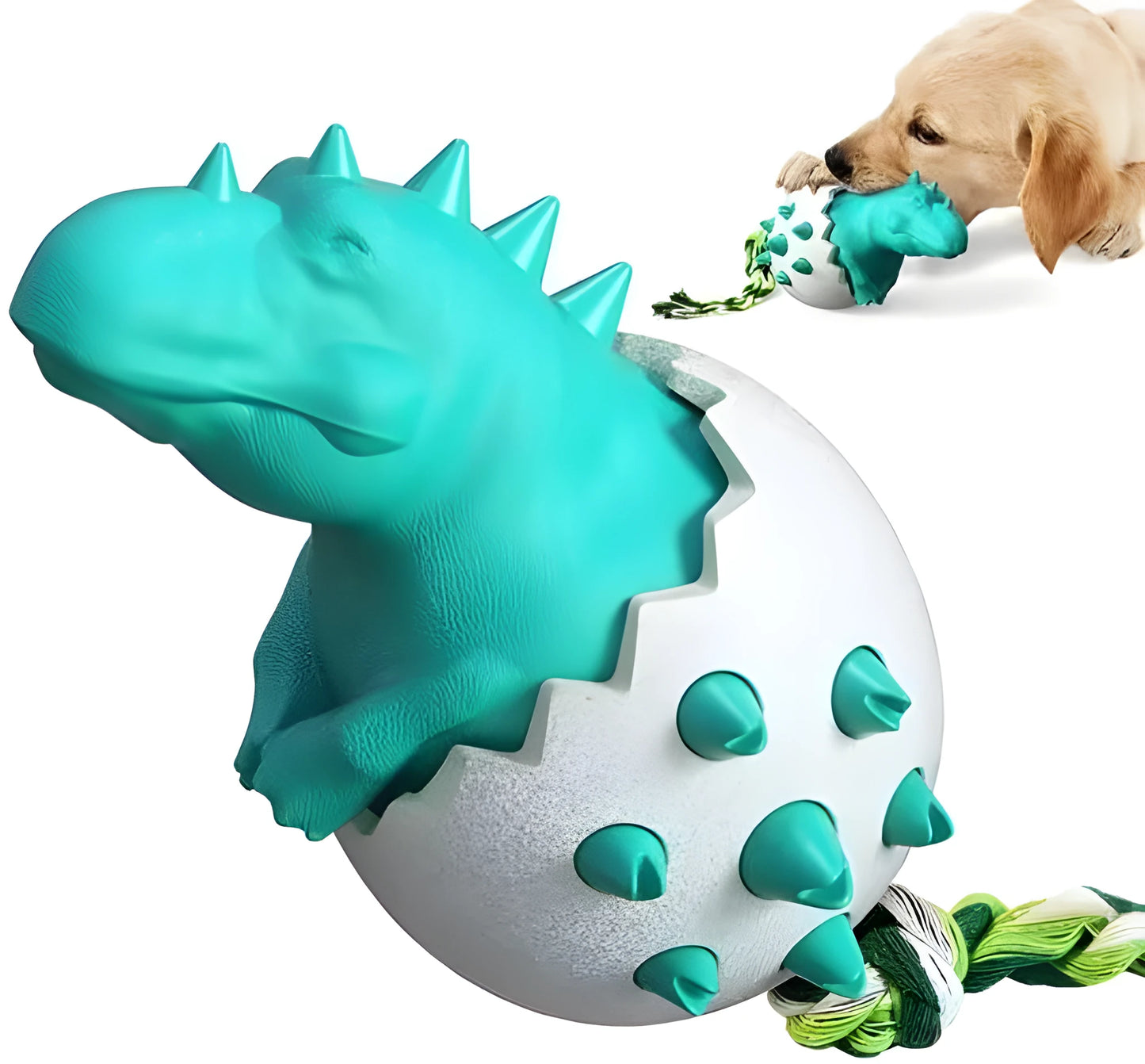 Blue durable dog teething toy with interactive rope, dinosaur design, for aggressive chewers