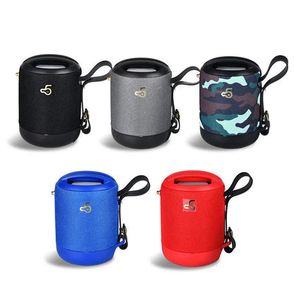 Wireless portable mini waterproof card subwoofer in black, blue, camouflage, grey, or red with compact design