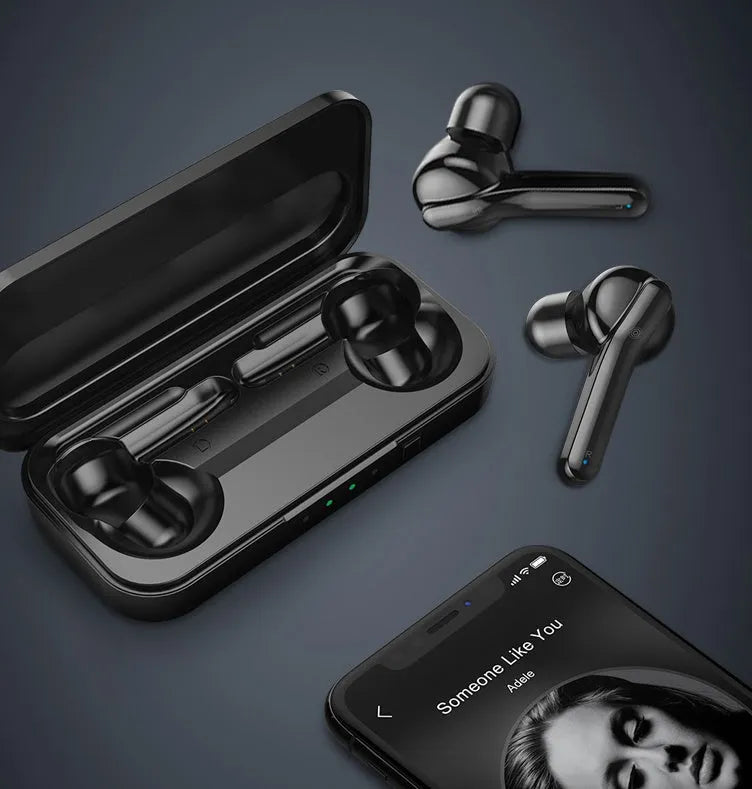 Black TWS wireless earbuds with charging case showing Bluetooth 5.0 and IPX5 waterproof features