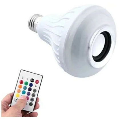 White E27 Bluetooth smart LED bulb with built-in speaker and remote control for colour-changing lighting.