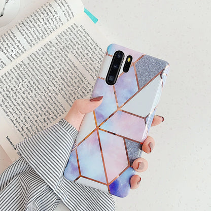 Electroplated marble mobile phone case in various colours for Huawei and Samsung models, showing slim TPU back cover design