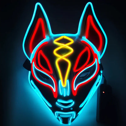 Glowing blue cat face mask with LED illumination measuring 28cm by 18cm for cosplay and Halloween events