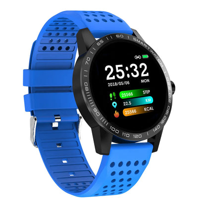 Black smart bracelet with colour screen displaying heart rate and fitness data on a wrist