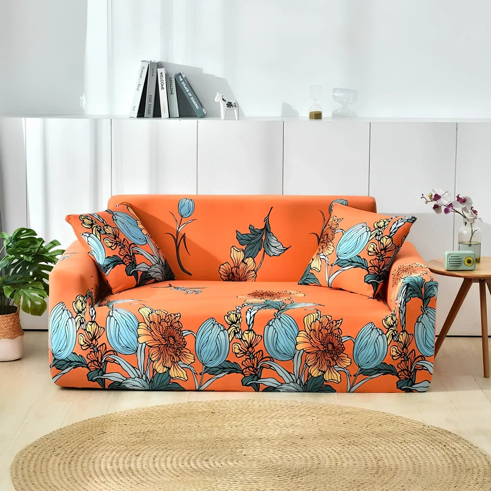 Elastic sofa cover with stripe pattern stretched over 3-seat sofa in living room setting