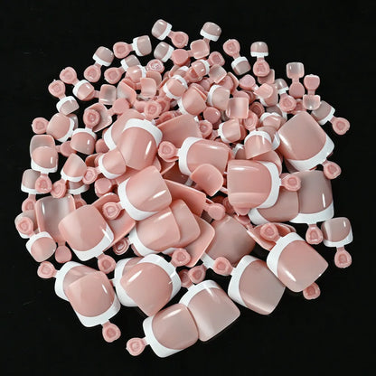 Box of 120 full square short artificial nail tips with French white edges in multiple nude shades.