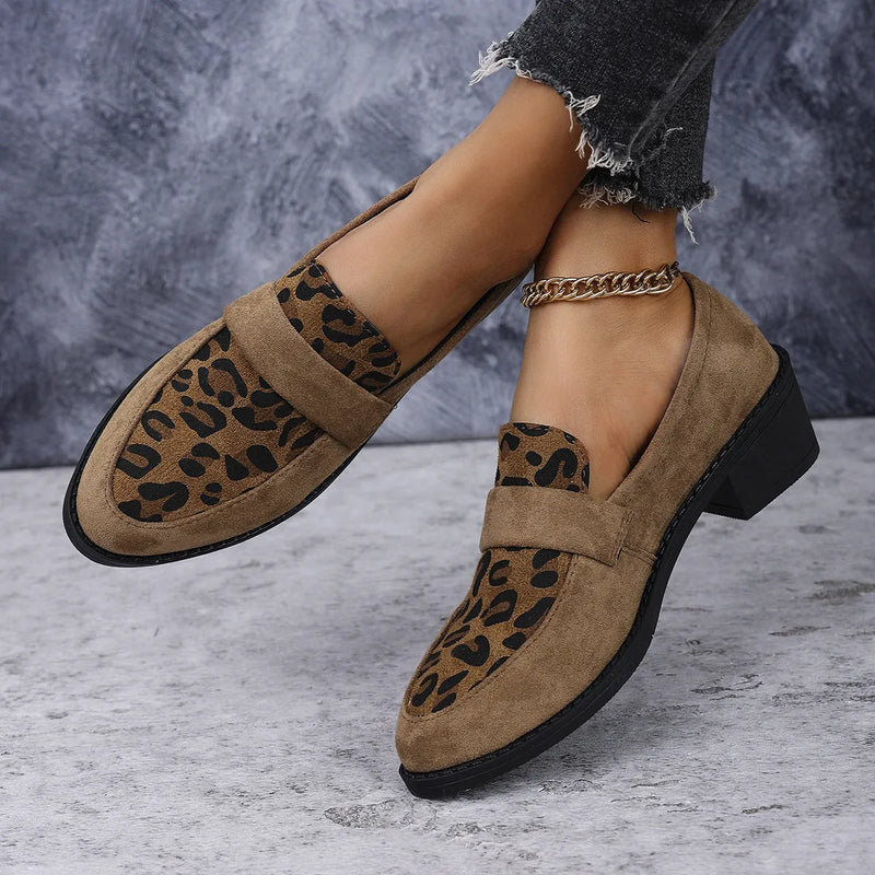 Leopard print slip-on casual suede pump shoes with chunky mid heel and rubber sole, low-top pointed toe design available in pink, brown and khaki colours in sizes 36 to 43 for easy sleeve-on wear