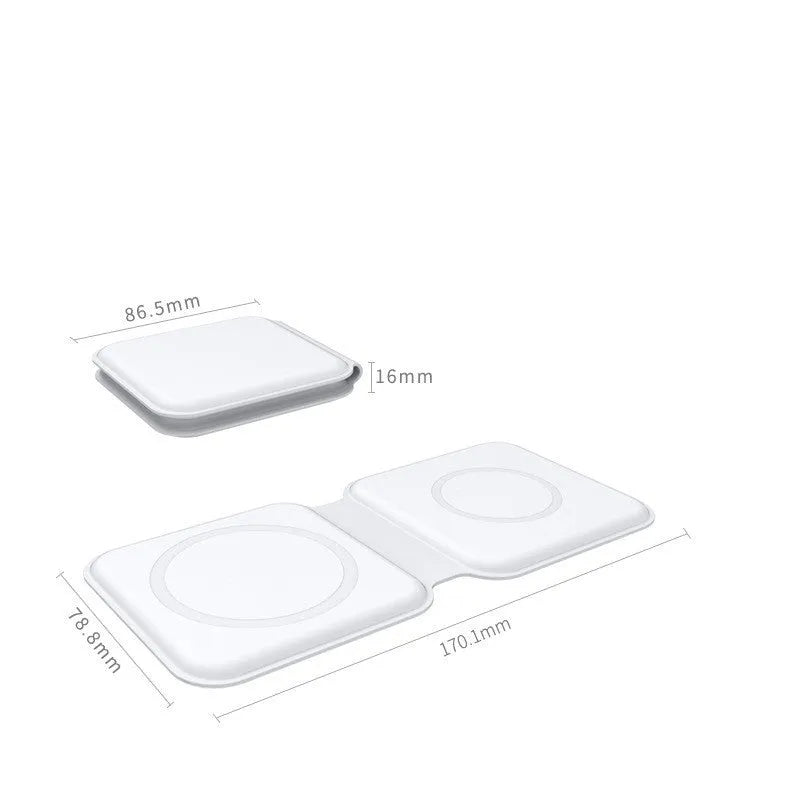 White foldable magnetic wireless charger showing dual charging surfaces and 180° folding mechanism
