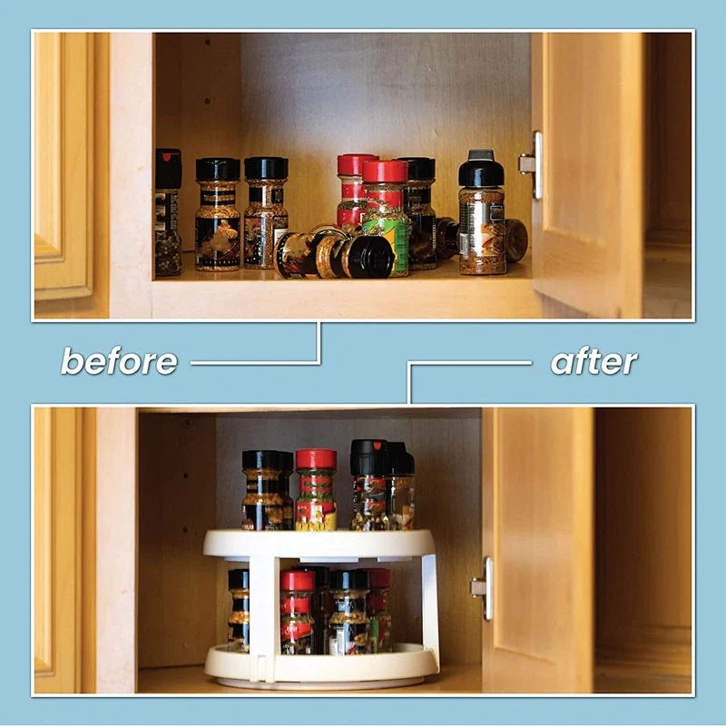Two-tier kitchen turntable organizer with non-skid surface and rimmed edges