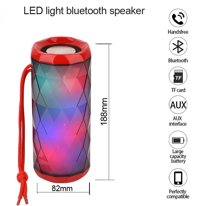 Portable Bluetooth speaker with dual 5W drivers, LED light, available in blue, green, grey and red.