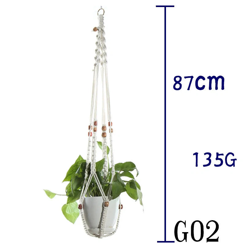 Beige cotton rope hanging basket with various styles for indoor plant display
