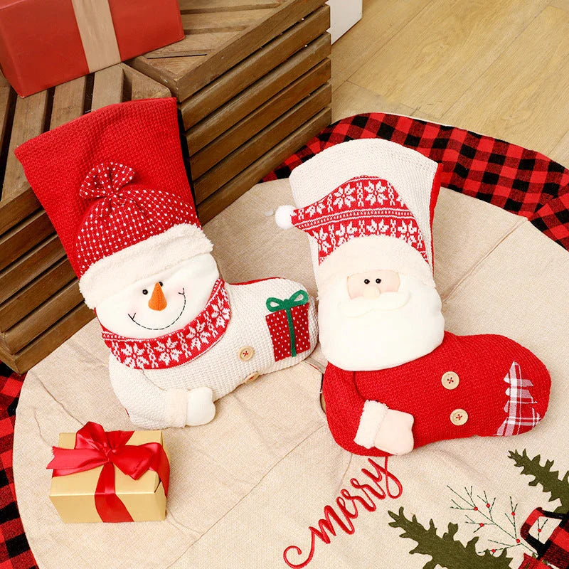 Premium knit Christmas stockings in Santa Claus and Snowman designs for festive holiday decor