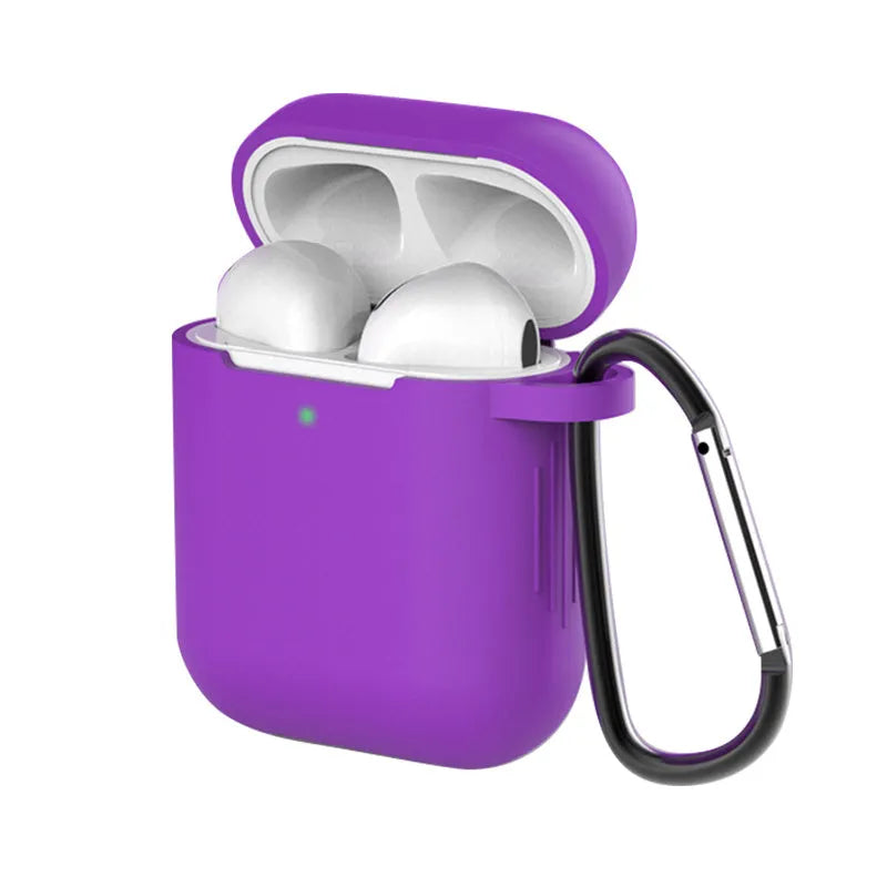 Liquid silicone protective clamshell case for Apple AirPods, shown in multiple colours on a white background.