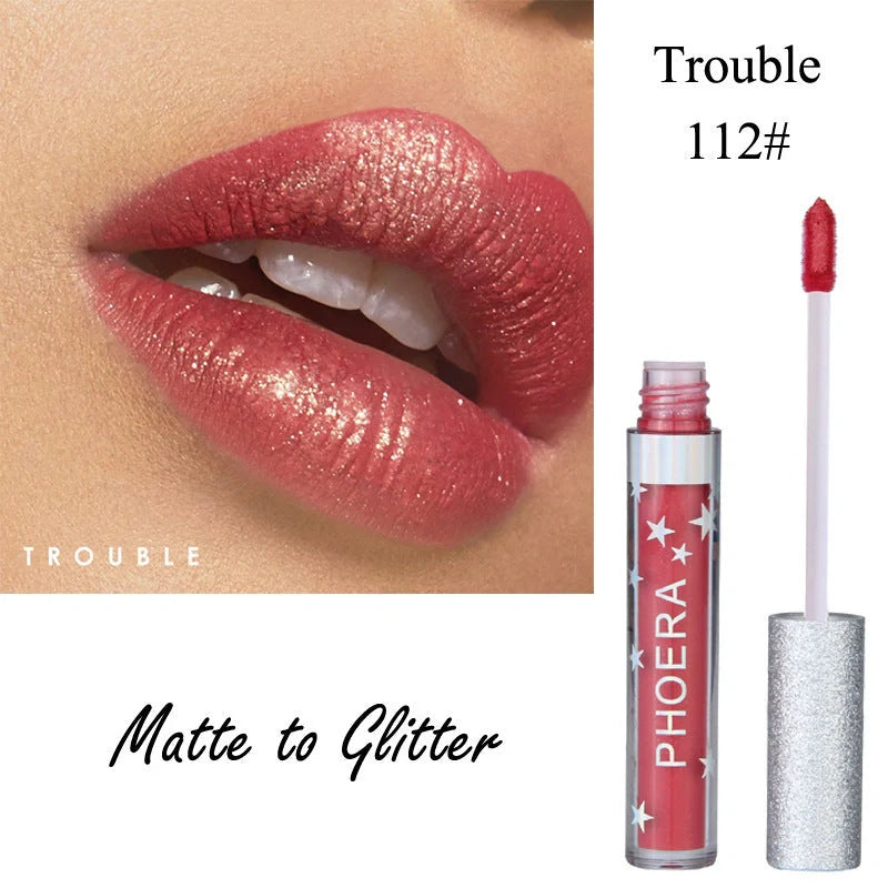 Glitter Liquid Lipstick in various shimmering colors, featuring a moisturizing and long-lasting formula