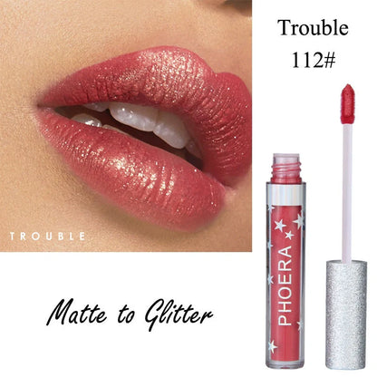 Glitter Liquid Lipstick in various shimmering colors, featuring a moisturizing and long-lasting formula