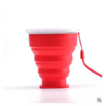 Collapsible water cup with stainless steel ring and lanyard in multiple colors