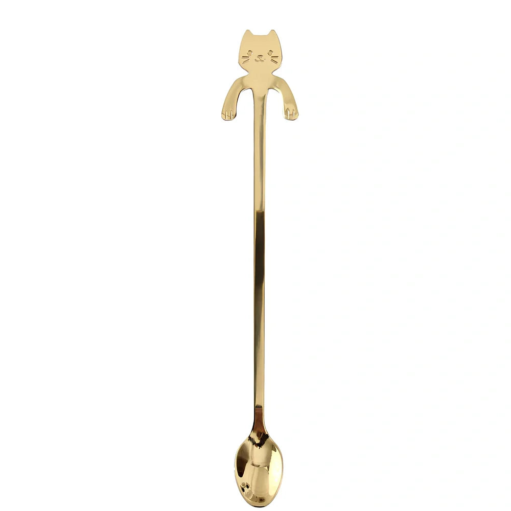 Stainless steel coffee spoon with cartoon cat handle design showing 11.7cm measurement scale