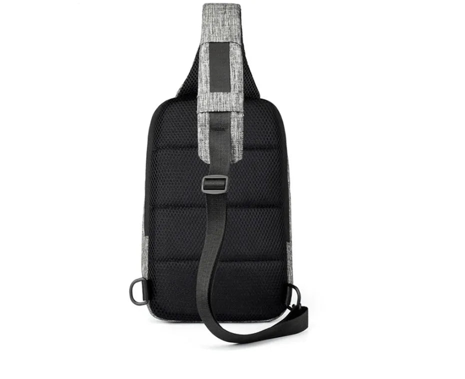 Dark blue Oxford waterproof chest bag with zipper opening, measuring 18cm wide by 31cm high