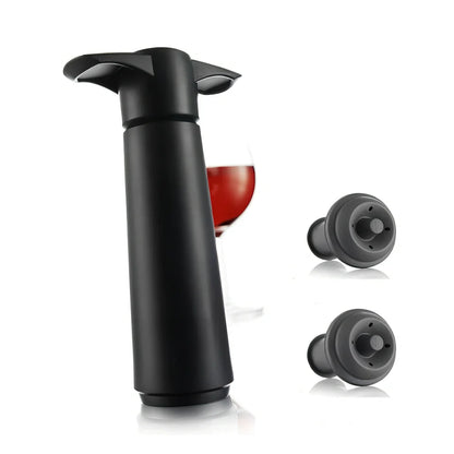 Black plastic vacuum wine stopper with pump and two rubber seals, 14.5 cm long for preserving opened bottles