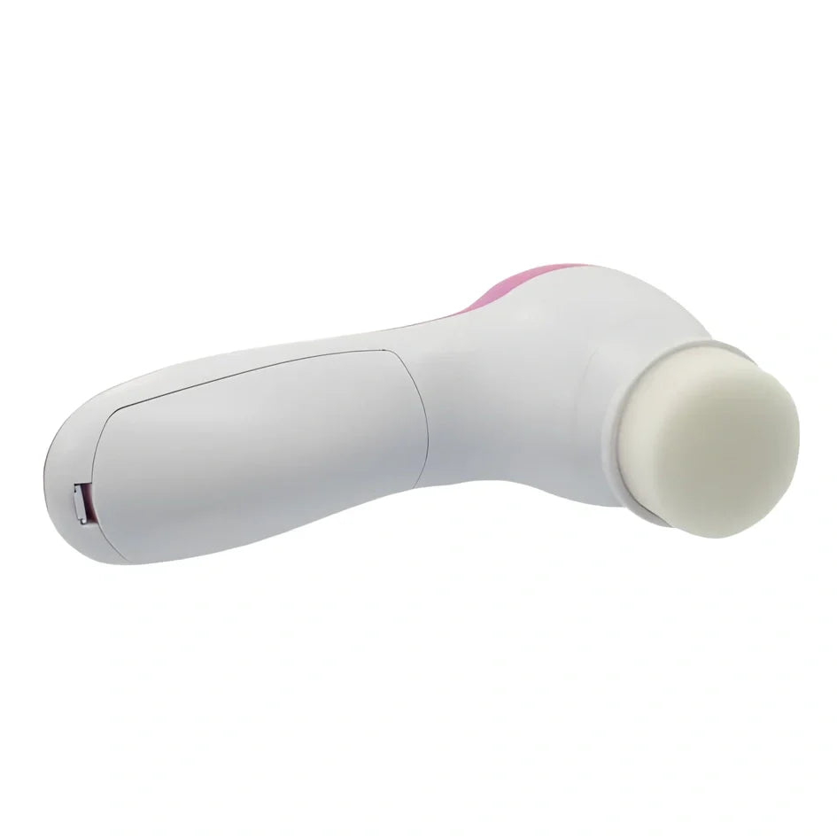 Pink electric facial cleanser with 5 attachments including soft brush, rolling massager, and sandstone head for skincare