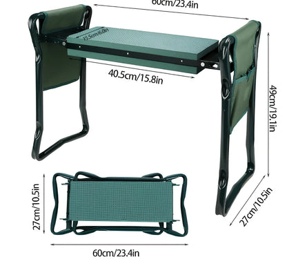 Green foldable outdoor garden bench with foam pad and side tool pouch