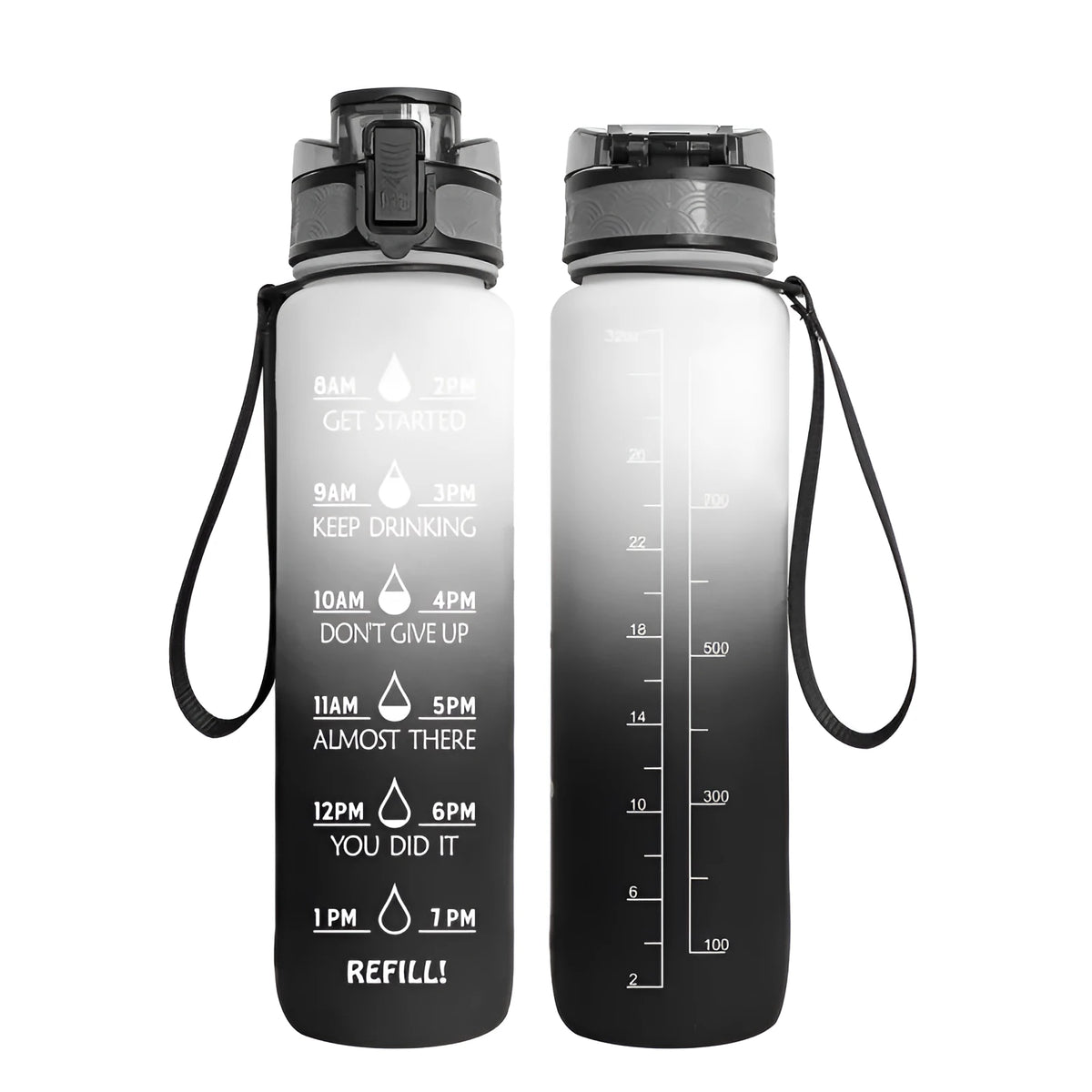Transparent 1000ml Tritan sports water bottle with infuser on a plain background