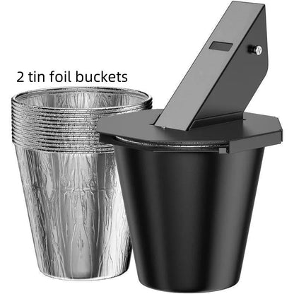 Black metal grease catcher with cover and tin foil drip buckets for smokers.
