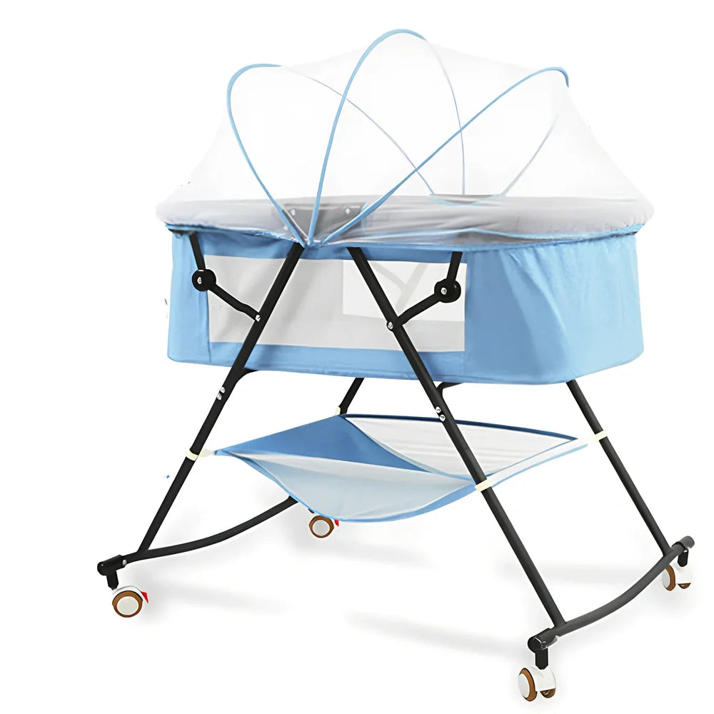 European foldable baby crib with mosquito net showing 54.5cm width and roller wheels